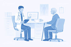 診察,通院,診察室,高齢化,医師,医療,病院,病室,問題,医療問題,社会問題,ヘルスケア,ケア,メディカル,健康,人物,キャラクター,おじいさん,おじさん,お年寄り,高齢者,シニア,イラスト,illustration,healthcare,health,hospital,medical,AI生成素材