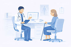 診察,通院,診察室,高齢化,医師,医療,病院,病室,問題,医療問題,社会問題,ヘルスケア,ケア,メディカル,健康,人物,キャラクター,おばあさん,おばさん,お年寄り,高齢者,シニア,イラスト,illustration,healthcare,health,hospital,medical,AI生成素材