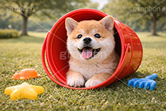 砂場遊び？,砂場,ばけつ,バケツ,おもちゃ,玩具,じゃれる,遊ぶ,興味,豆柴の子犬,公園,芝生,甘え,いぬ,イヌ,犬,子犬,ドッグ,豆柴,かわいい,カワイイ,可愛い,キュート,ペット,動物,cute,pet,dog,spring,AI生成素材