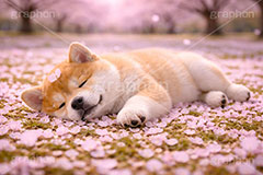 うたた寝,うたたね,スヤスヤ,昼寝,居眠り,桜のじゅうたん,桜,さくら,サクラ,春,花見,花弁,花びら,散る,桜の花びら,公園,散歩,豆柴の子犬,公園,いぬ,イヌ,犬,子犬,ドッグ,豆柴,かわいい,カワイイ,可愛い,キュート,ペット,動物,cute,pet,dog,spring,AI生成素材
