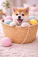 毛糸玉,毛糸,かご,カゴ,籠,バスケット,遊び,じゃれる,冬,豆柴の子犬,いぬ,イヌ,犬,子犬,ドッグ,豆柴,かわいい,カワイイ,可愛い,キュート,ペット,動物,cute,pet,dog,winter,AI生成素材