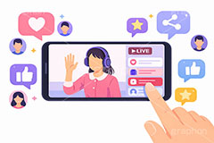 ライブ配信,いいね,共有,シェア,お気に入り,グッド,吹き出し,フキダシ,配信,スマホ,スマートフォン,ライバー,インフルエンサー,VTuber,配信,ライブ,ゲーム実況,コメント欄,コメント,チャット,カメラ,パソコン,ヘッドホン,ヘッドフォン,放送,映像,動画,実況,配信素材,人物,女性,イラスト,illustration,SNS,PC,monitor,mic,live,streamer,good,share,AI生成素材