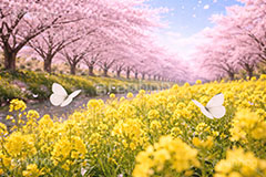 桜と菜の花,菜の花,菜の花畑,川,モンシロチョウ,紋白蝶,桜,さくら,サクラ,花見,ブロッサム,春,花,花びら,花弁,背景,blossom,spring,flower,AI生成素材