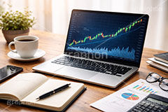 チャート上昇,チャート,パソコン,ノートパソコン,スマホ,スマートフォン,携帯電話,デスク,メガネ,めがね,眼鏡,ノート,資料,電卓,株,株価,株価指数,上昇,急騰,下落,暴落,家計,積立,積み立て,投資,企業,決算,円安,仮想通貨,不動産,金利,グラフ,トレード,ローソク足,資産,金,お金,マネー,損失,NISA,経済,GDP,PC,chart,graph,money,trade,AI生成素材