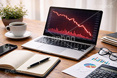 チャート暴落,チャート,パソコン,ノートパソコン,スマホ,スマートフォン,携帯電話,デスク,メガネ,めがね,眼鏡,ノート,資料,電卓,株,株価,株価指数,上昇,急騰,下落,暴落,家計,積立,積み立て,投資,企業,決算,円安,仮想通貨,不動産,金利,グラフ,トレード,ローソク足,資産,金,お金,マネー,損失,NISA,経済,GDP,PC,chart,graph,money,trade,AI生成素材