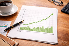 グラフ上昇,チャート,デスク,資料,コーヒー,コーヒーカップ,電卓,メガネ,めがね,眼鏡,株,株価,株価指数,上昇,急騰,下落,暴落,家計,積立,積み立て,投資,企業,決算,円安,仮想通貨,不動産,金利,グラフ,トレード,ローソク足,資産,金,お金,マネー,損失,NISA,経済,GDP,chart,graph,money,trade,AI生成素材